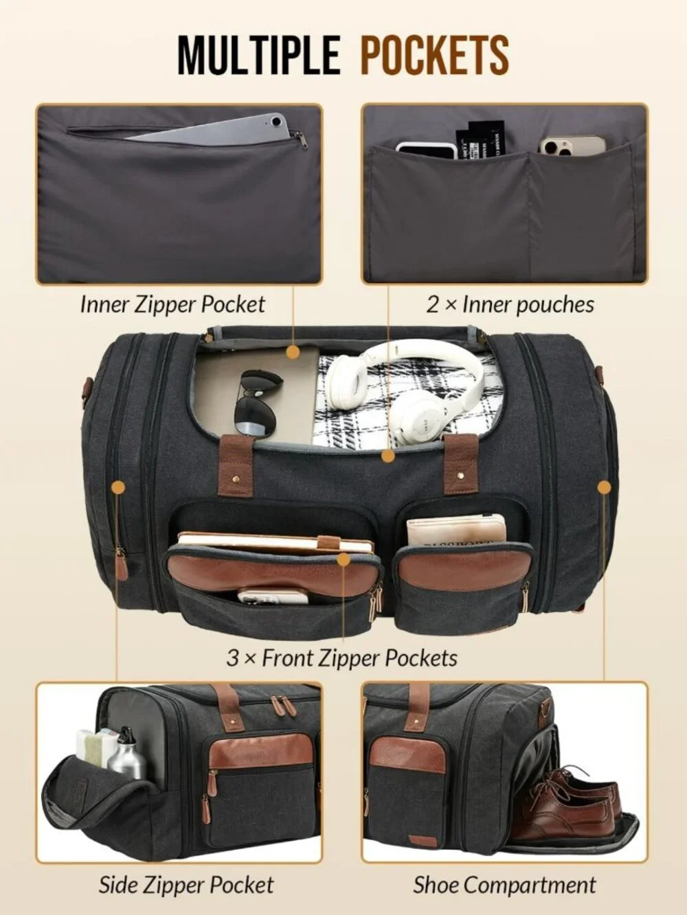 Expandable 50L Canvas Duffle Bag - Dark Grey Travel Gym Overnight Bag with Shoe